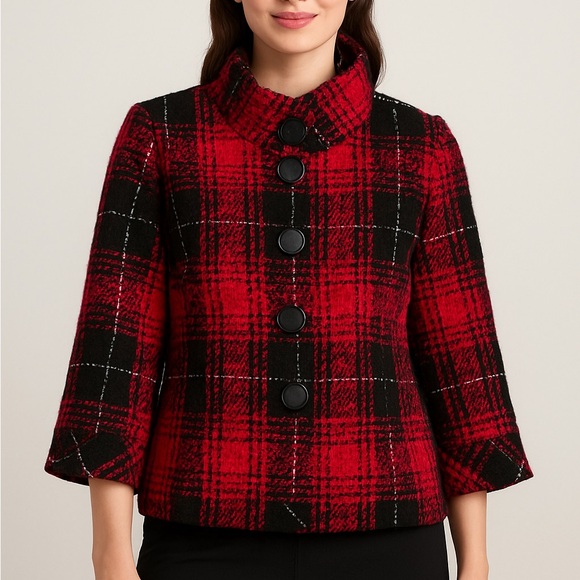 Erin London Red Black Plaid Button Front Jacket Coat S Vintage Inspired Lined - Picture 1 of 7